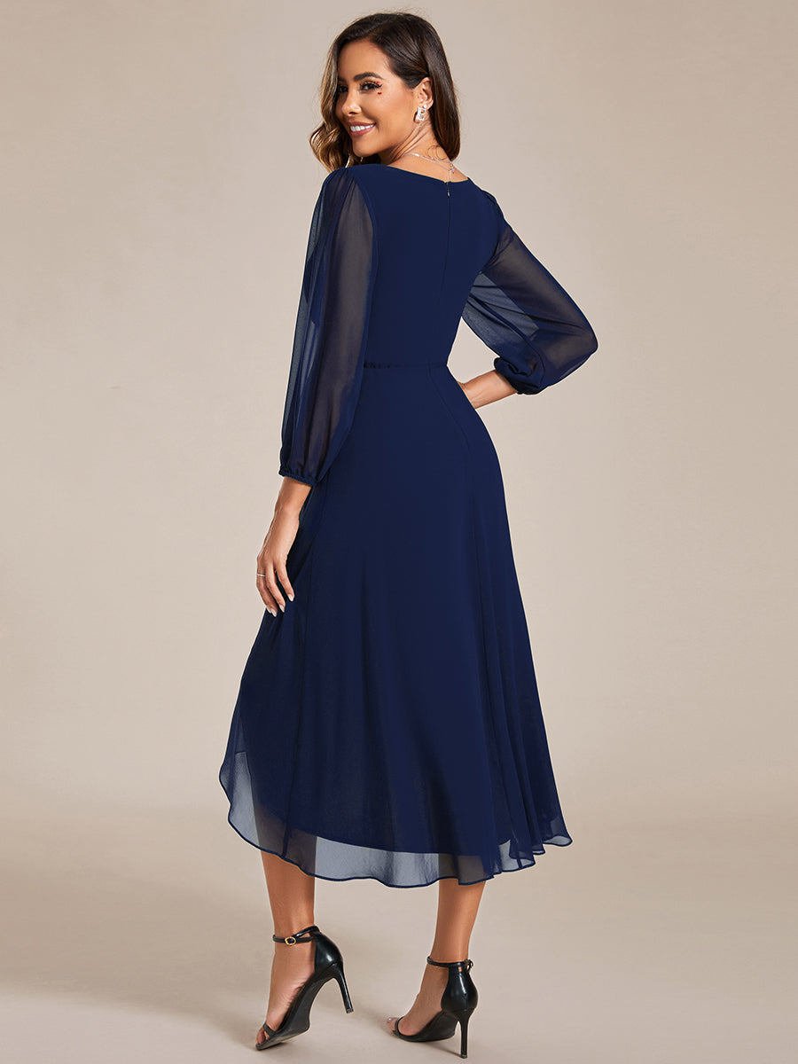 Long Sleeves Pleated Ruffles Chiffon Wholesale Wedding Guest#Color_Navy Blue