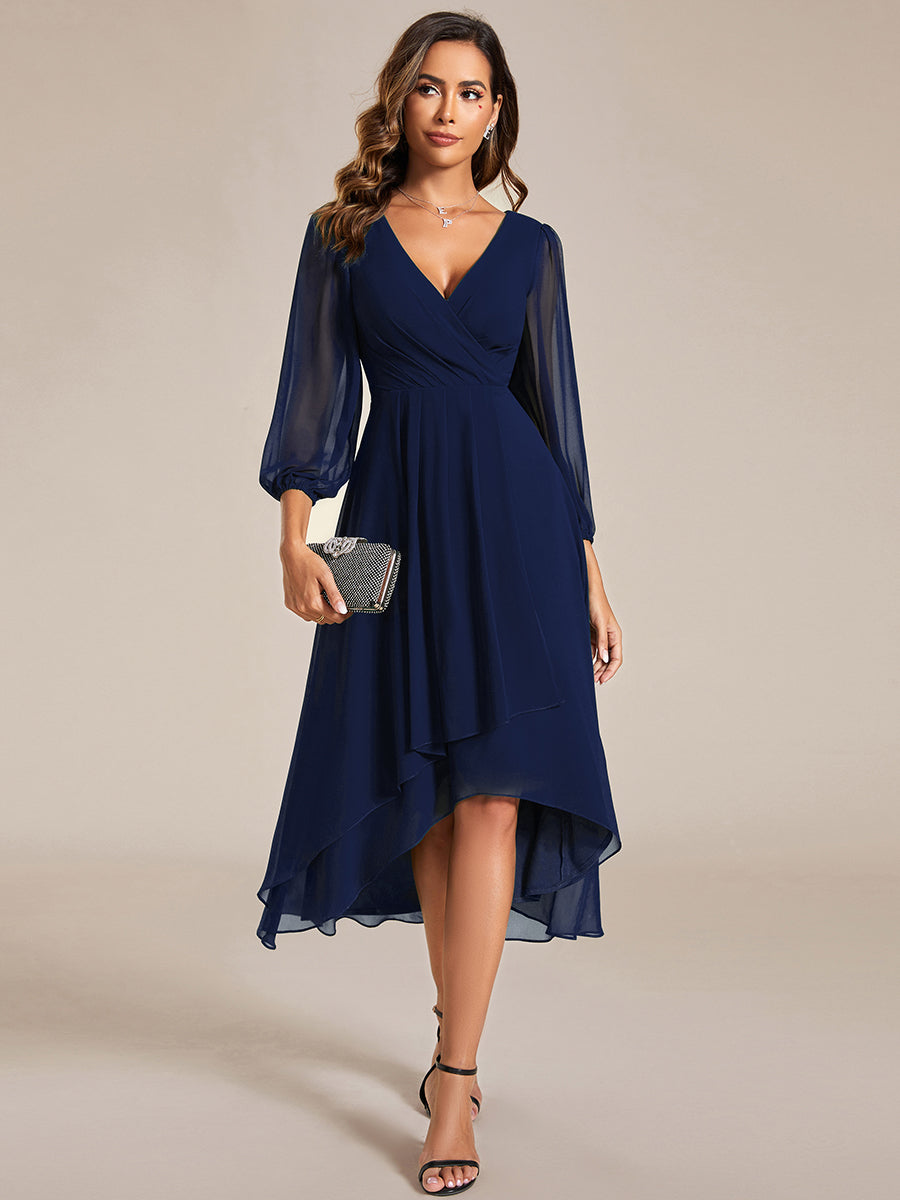Long Sleeves Pleated Ruffles Chiffon Wholesale Wedding Guest#Color_Navy Blue