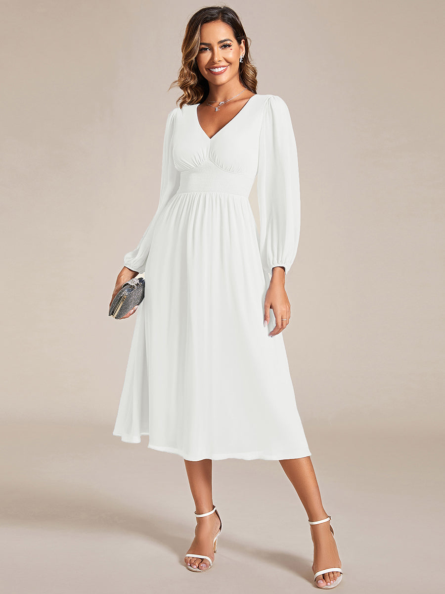 Color=White | Knee Length Chiffon Wholesale Wedding Guest Dresses With Long Sleeves-White 3