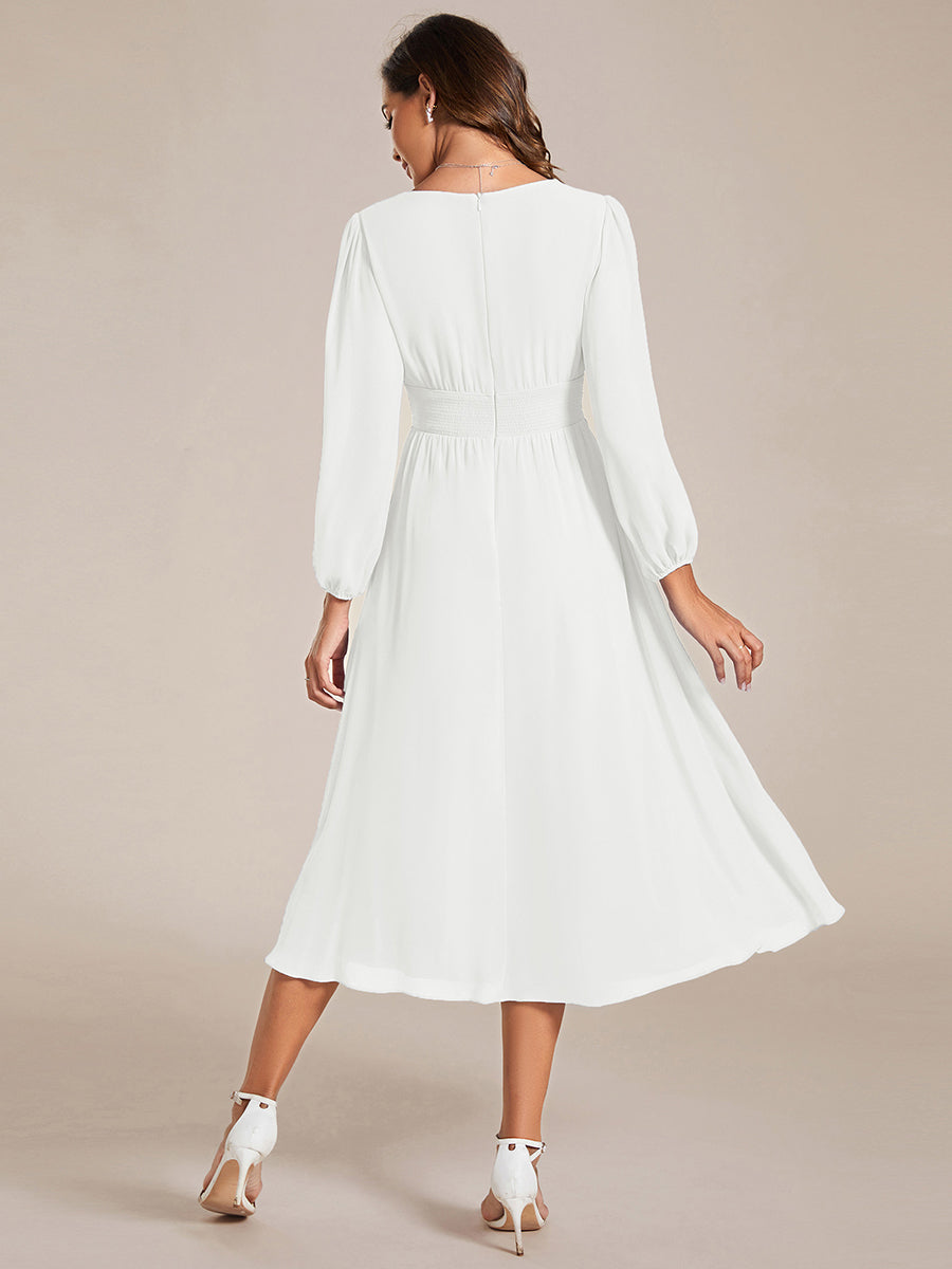 Color=White | Knee Length Chiffon Wholesale Wedding Guest Dresses With Long Sleeves-White 2