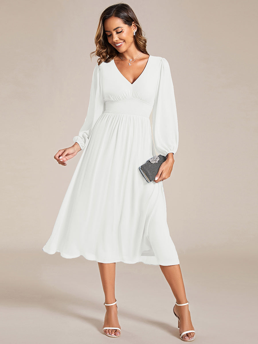 Color=White | Knee Length Chiffon Wholesale Wedding Guest Dresses With Long Sleeves-White 1