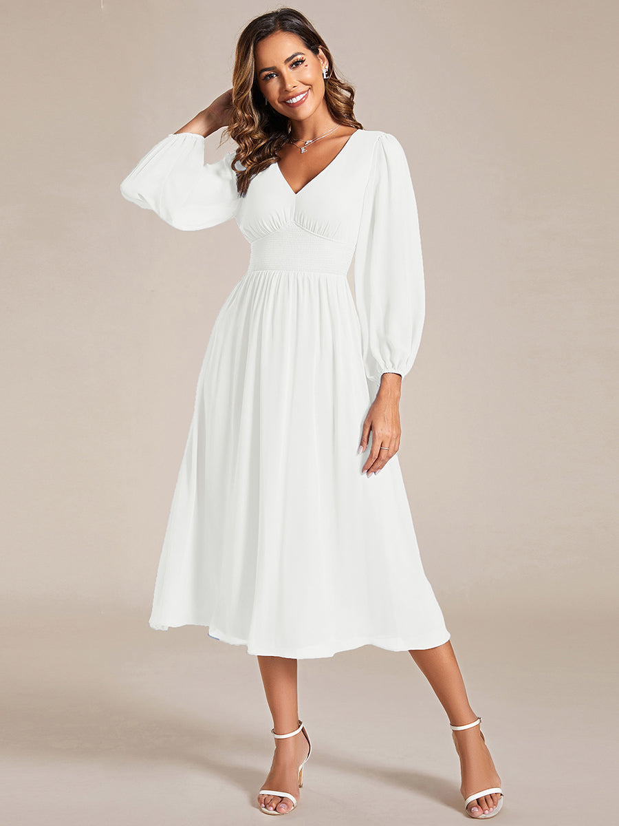Color=White | Knee Length Chiffon Wholesale Wedding Guest Dresses With Long Sleeves-White 4