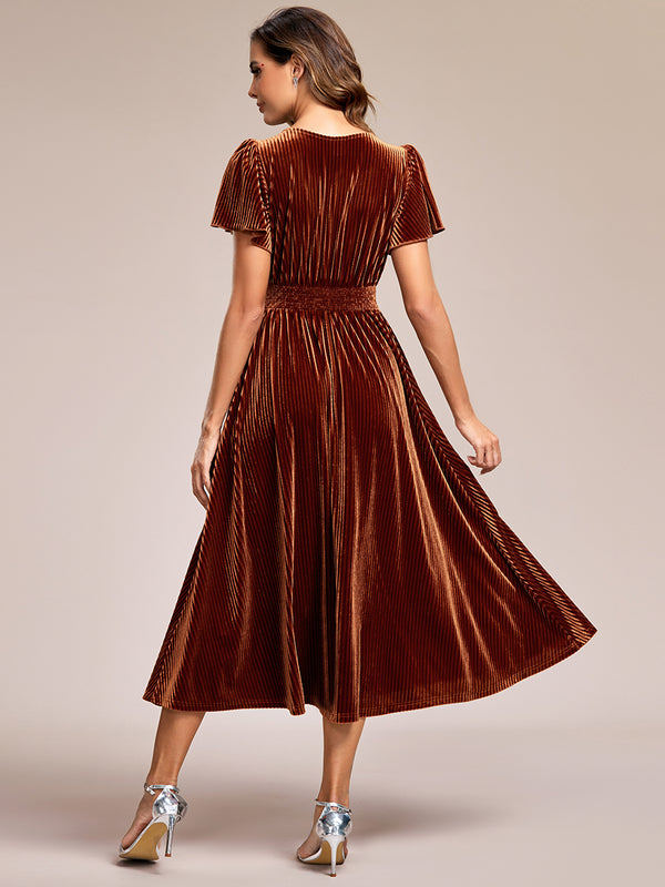 VNeck Tea Length Velvet Pleated Wedding Guest Dresses