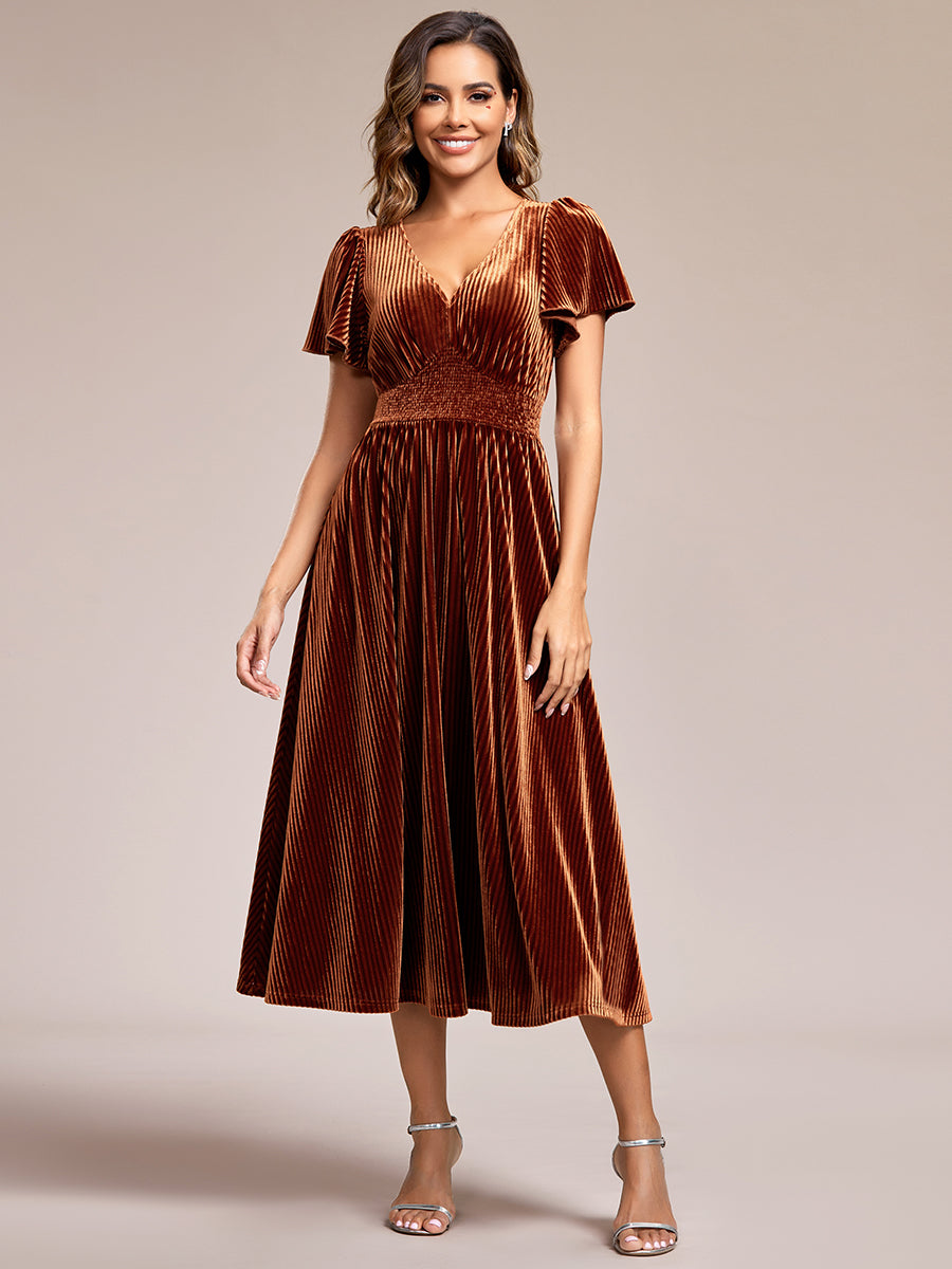 V-Neck Tea Length Velvet Wedding Guest Dresses#Color_Caramel