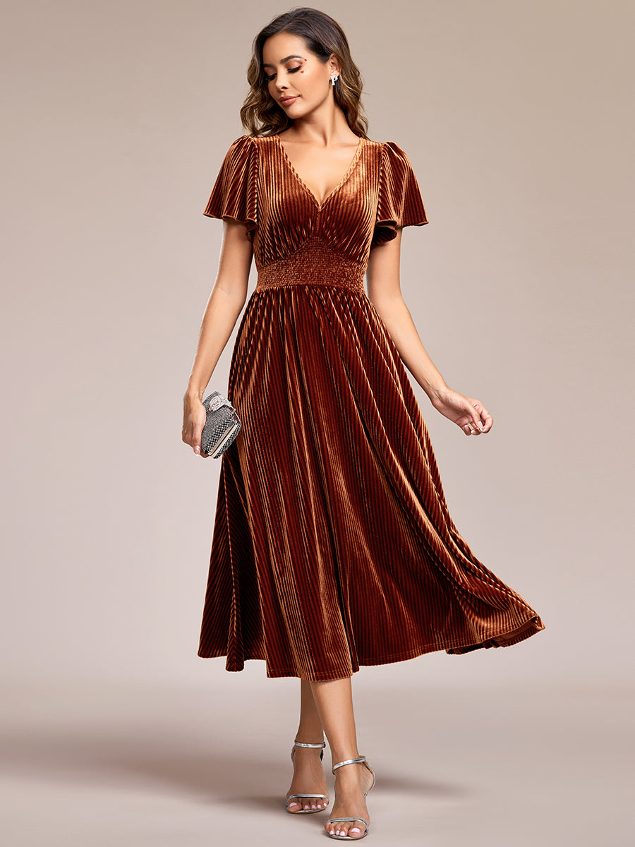 V-Neck Tea Length Velvet Wedding Guest Dresses#Color_Caramel