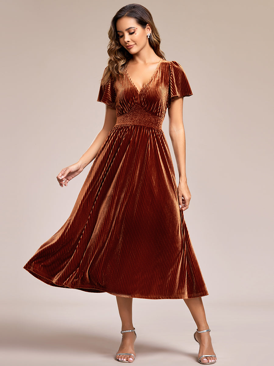 V-Neck Tea Length Velvet Pleated Wedding Guest Dresses V-Neck Tea Length Velvet Pleated Wedding Guest Dresses