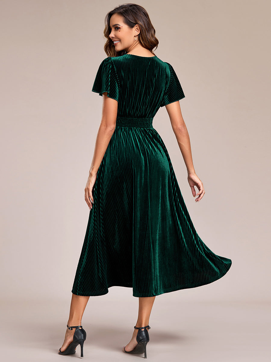 V-Neck Tea Length Velvet Wedding Guest Dresses#Color_Dark Green