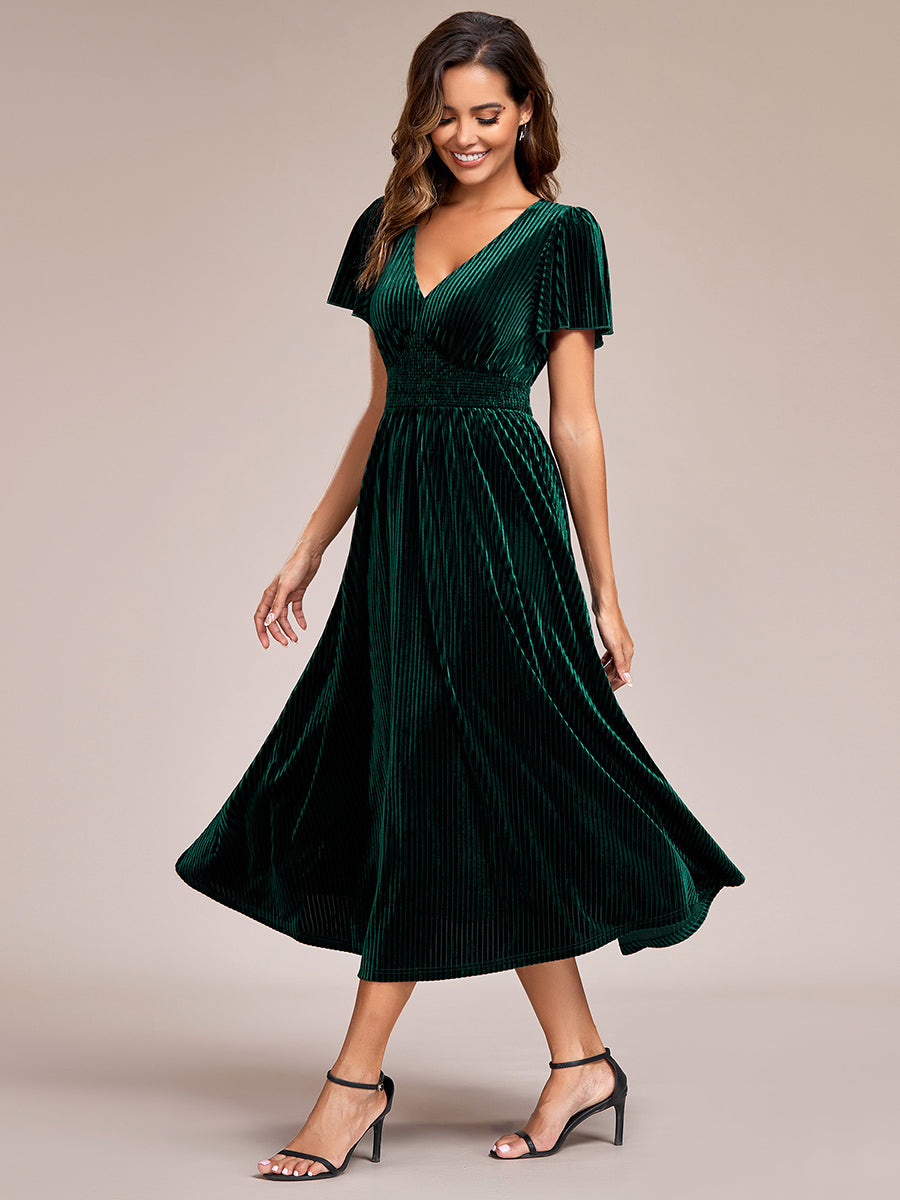 V-Neck Tea Length Velvet Wedding Guest Dresses#Color_Dark Green