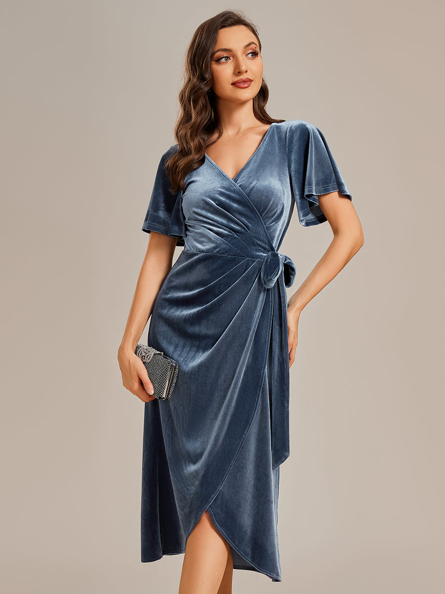 Asymmetrical Korean Velvet Streamer One-piece Type Three-quarter Evening Dress With Pagoda Sleeve#Color_Dusty Blue