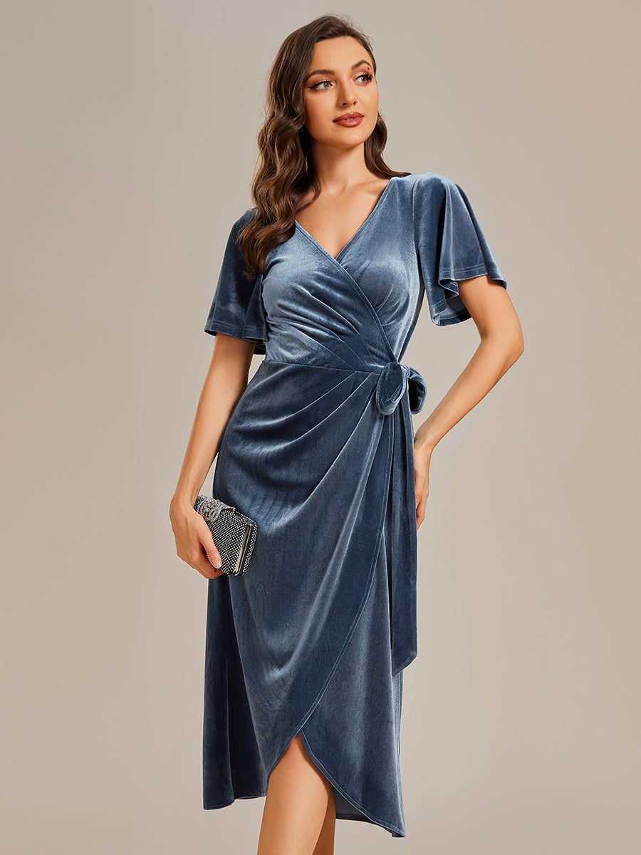 Asymmetrical Korean Velvet Streamer One-piece Type Three-quarter Evening Dress With Pagoda Sleeve#Color_Dusty Navy