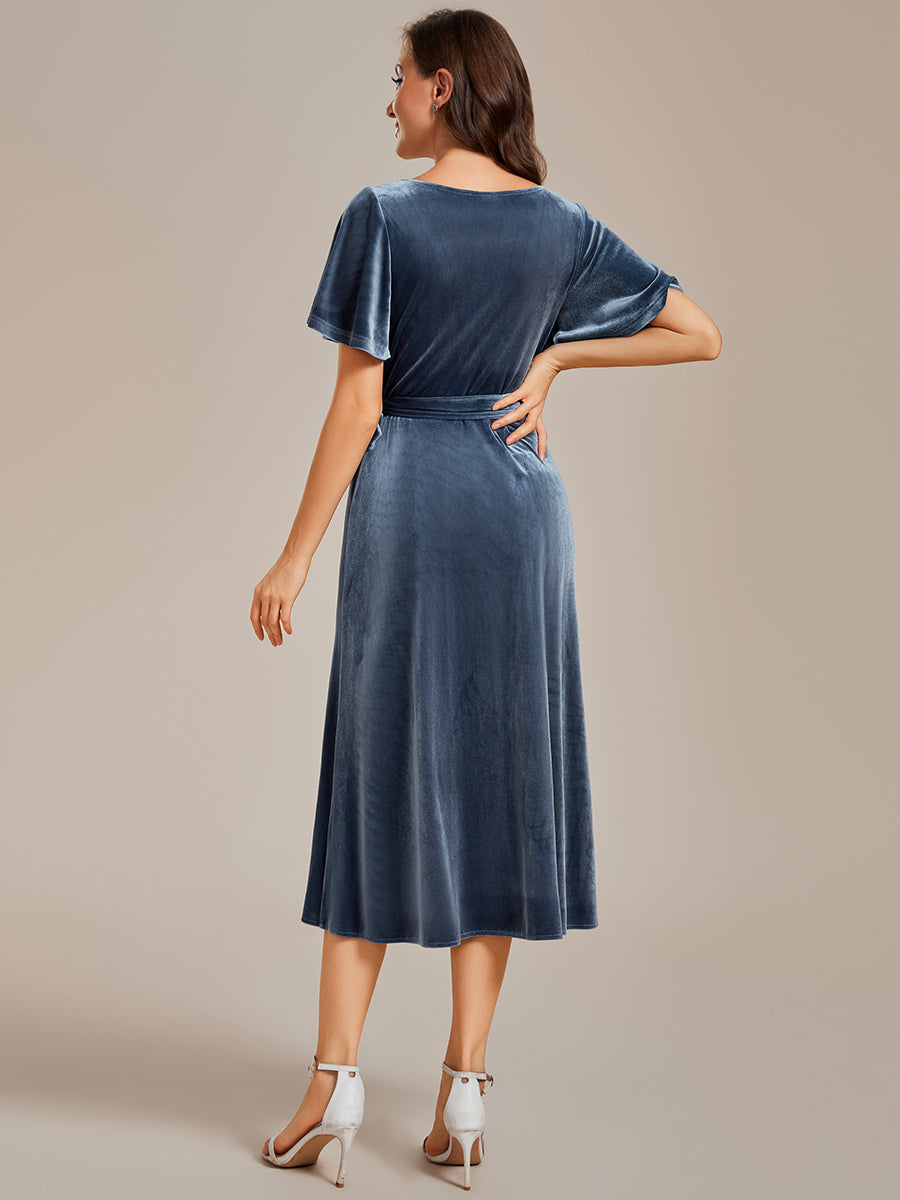 Asymmetrical Korean Velvet Streamer One-piece Type Three-quarter Evening Dress With Pagoda Sleeve#Color_Dusty Blue