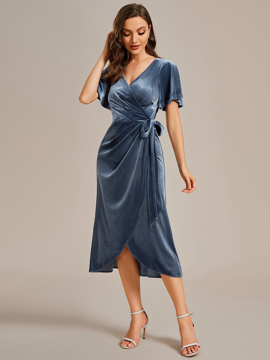 Asymmetrical Korean Velvet Streamer One-piece Type Three-quarter Evening Dress With Pagoda Sleeve#Color_Dusty Blue