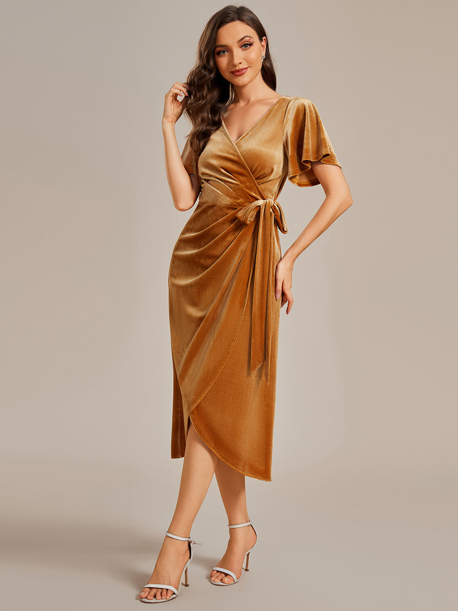 Asymmetrical Korean Velvet Streamer One-piece Type Three-quarter Evening Dress With Pagoda Sleeve#Color_Ginger