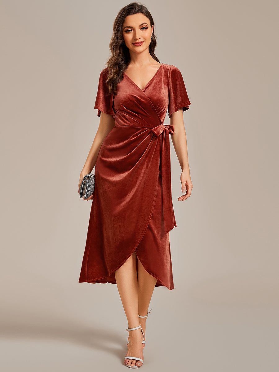 Asymmetrical Korean Velvet Streamer One-piece Type Three-quarter Evening Dress With Pagoda Sleeve#Color_Brick Red