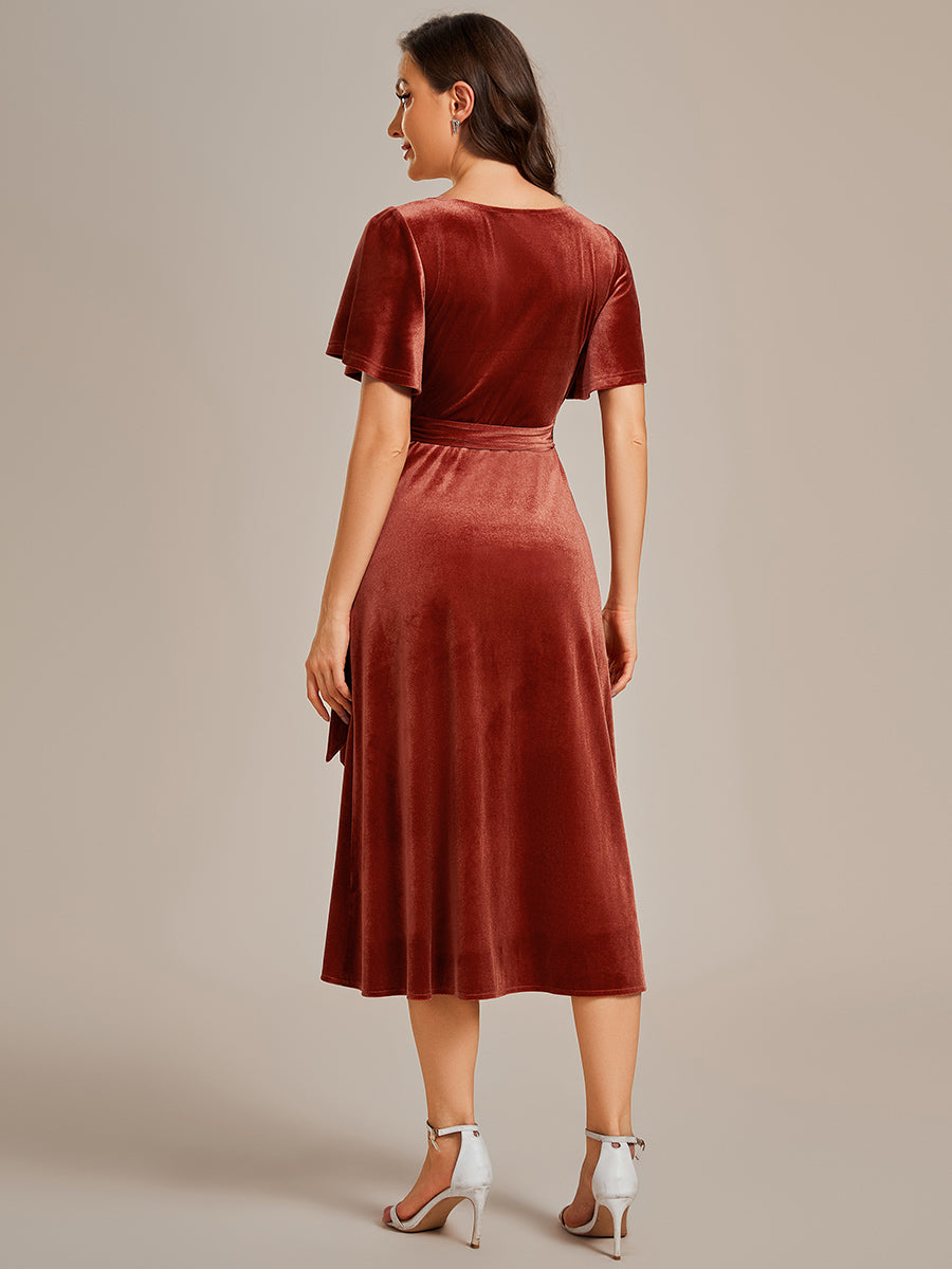 Asymmetrical Korean Velvet Streamer One-piece Type Three-quarter Evening Dress With Pagoda Sleeve#Color_Brick Red