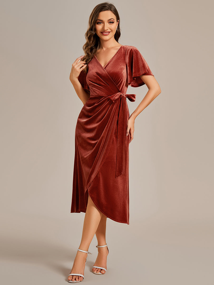 Asymmetrical Korean Velvet Streamer One-piece Type Three-quarter Evening Dress With Pagoda Sleeve#Color_Brick Red