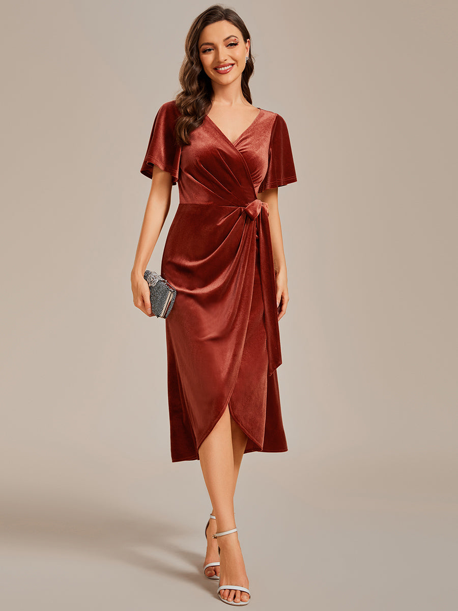 Asymmetrical Korean Velvet Streamer One-piece Type Three-quarter Evening Dress With Pagoda Sleeve#Color_Brick Red