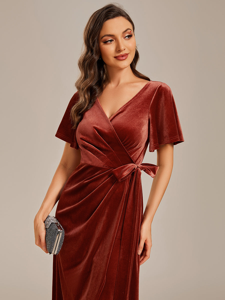 Asymmetrical Korean Velvet Streamer One-piece Type Three-quarter Evening Dress With Pagoda Sleeve#Color_Brick Red