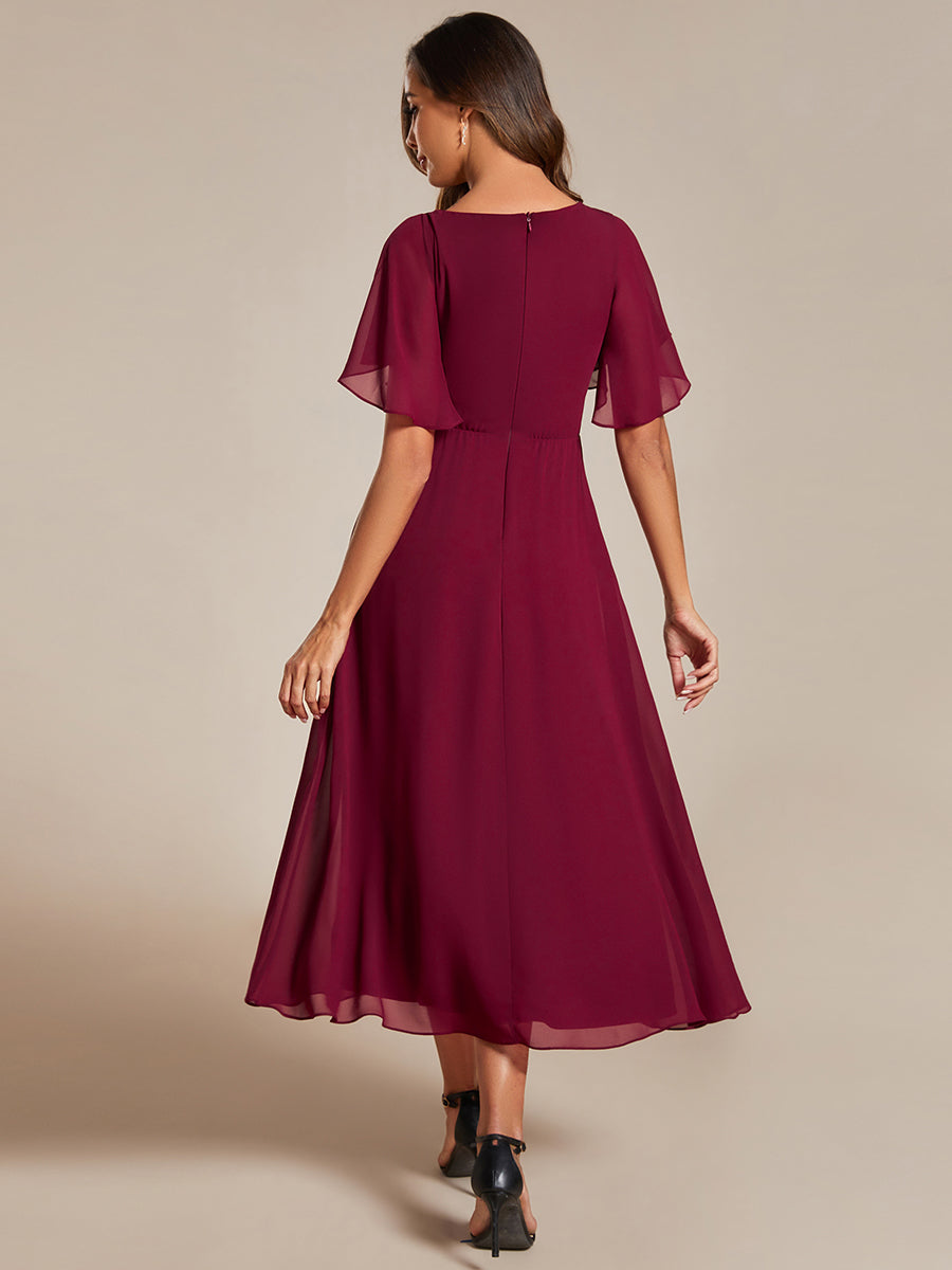 Color=Burgundy | Applique V Neck Tea Length Wedding Guest Dress With Short Sleeves-Burgundy 4