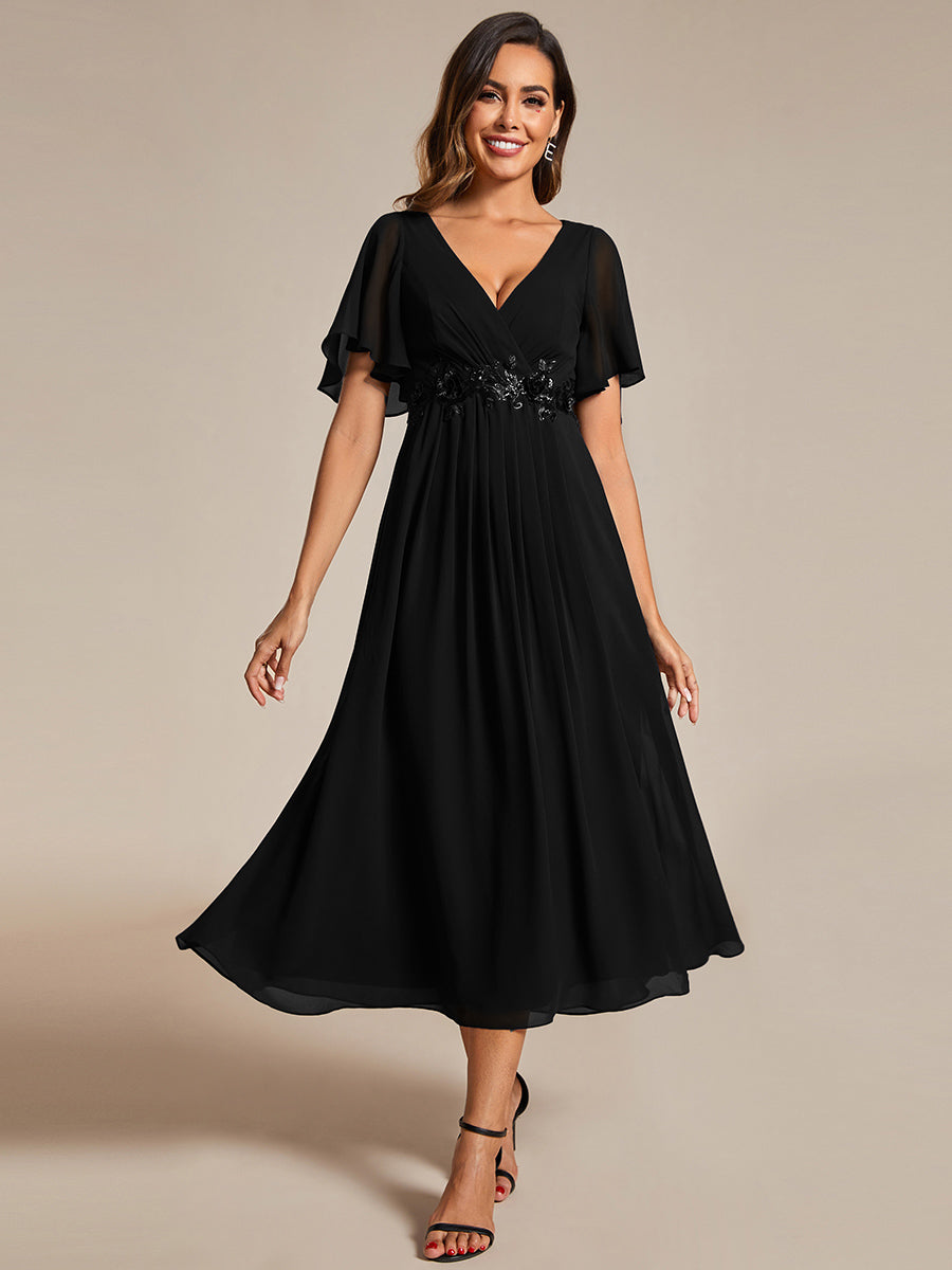 Color=Black | Applique V Neck Tea Length Wedding Guest Dress With Short Sleeves-Black 17