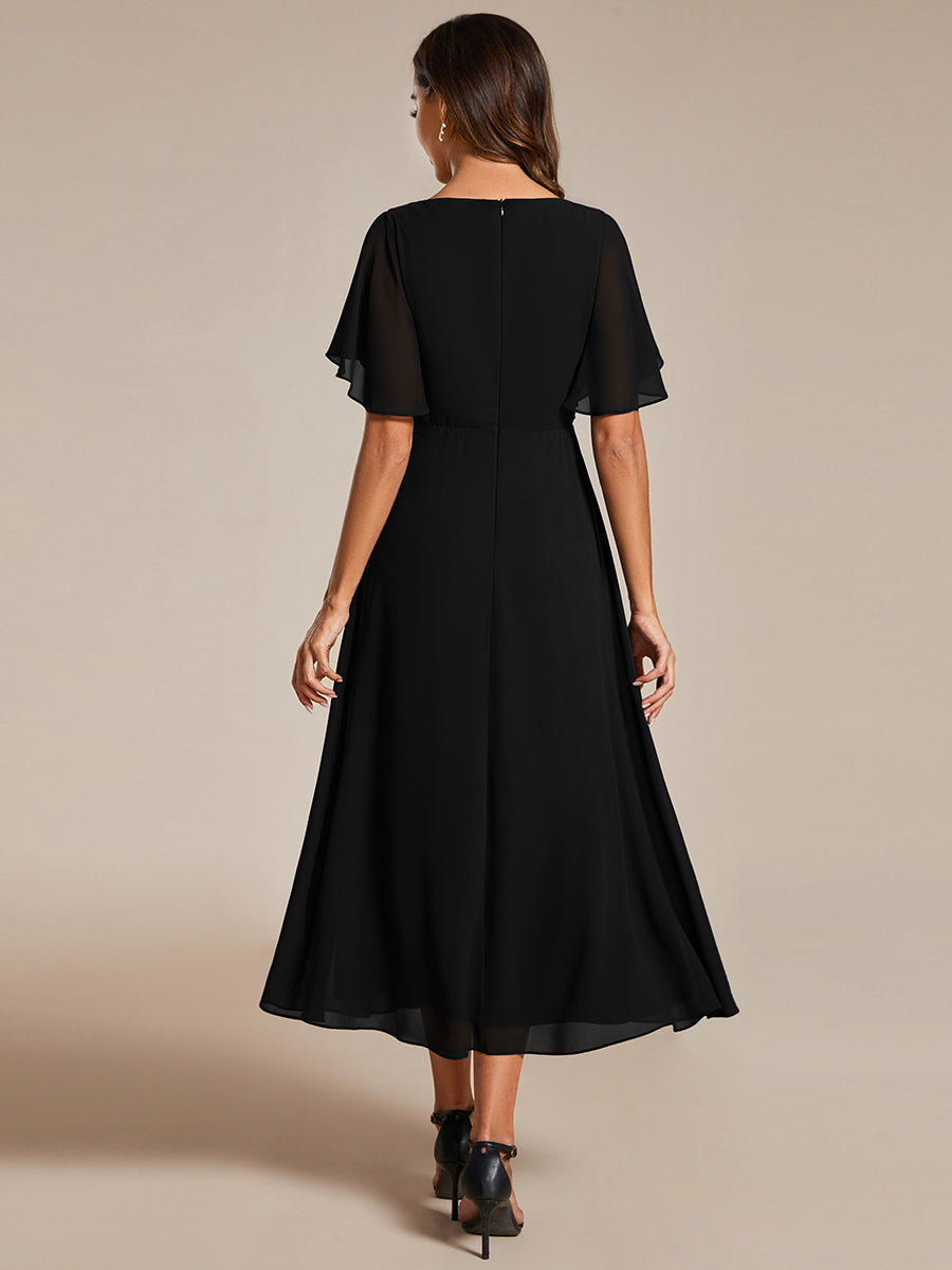 Color=Black | Applique V Neck Tea Length Wedding Guest Dress With Short Sleeves-Black 16