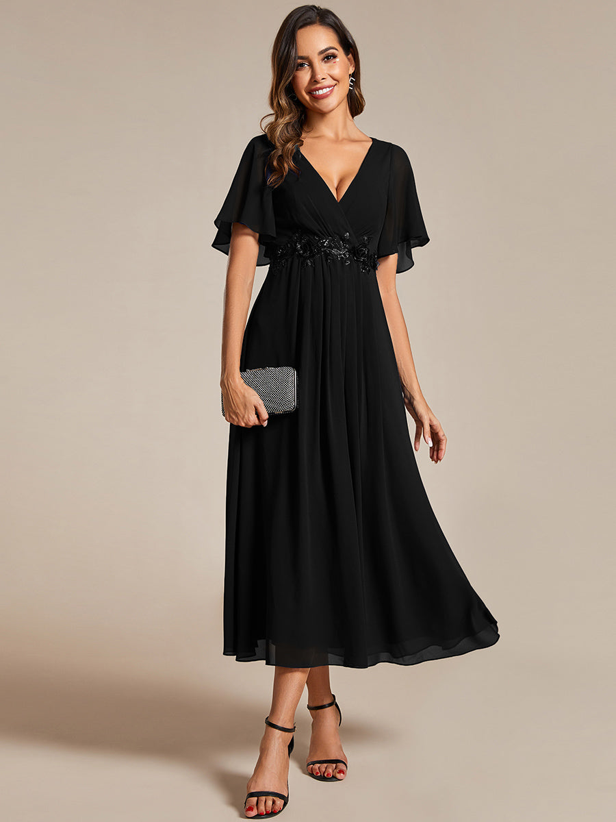Color=Black | Applique V Neck Tea Length Wedding Guest Dress With Short Sleeves-Black 13