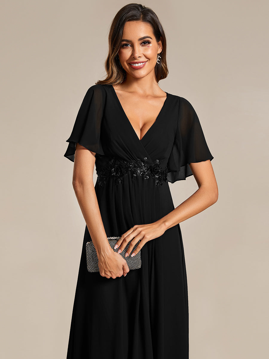 Color=Black | Applique V Neck Tea Length Wedding Guest Dress With Short Sleeves-Black 14