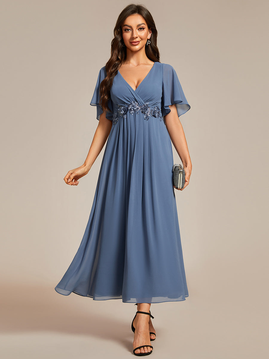 Color=Dusty Blue | Applique V Neck Tea Length Wedding Guest Dress With Short Sleeves-Dusty Blue 