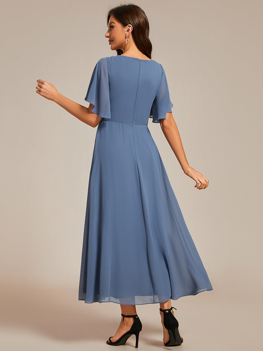 Color=Dusty Blue | Applique V Neck Tea Length Wedding Guest Dress With Short Sleeves-Dusty Blue 