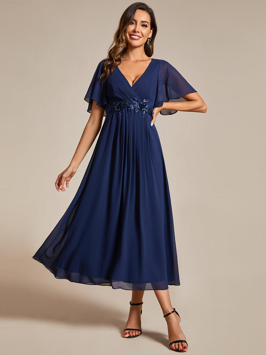 Color=Navy Blue | Applique V Neck Tea Length Wedding Guest Dress With Short Sleeves-Navy Blue 