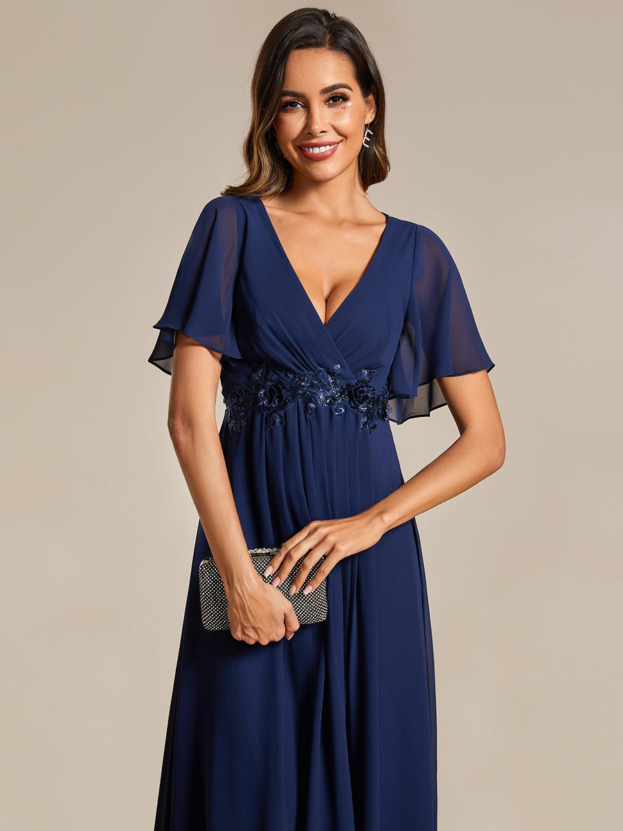 Color=Navy Blue | Applique V Neck Tea Length Wedding Guest Dress With Short Sleeves-Navy Blue 