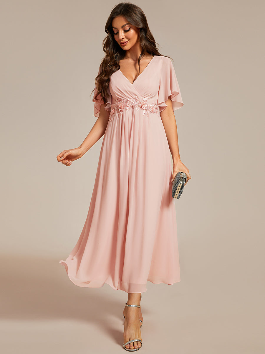 Color=Pink | Applique V Neck Tea Length Wedding Guest Dress With Short Sleeves- 