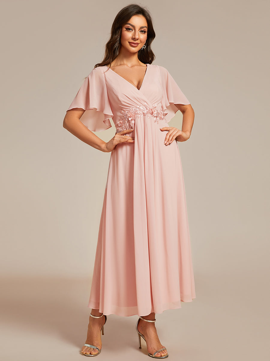 Color=Pink | Applique V Neck Tea Length Wedding Guest Dress With Short Sleeves- 