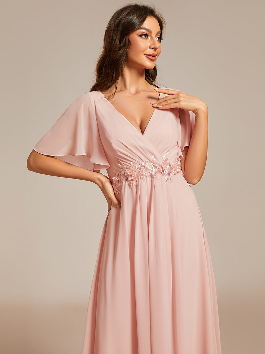 Color=Pink | Applique V Neck Tea Length Wedding Guest Dress With Short Sleeves- 