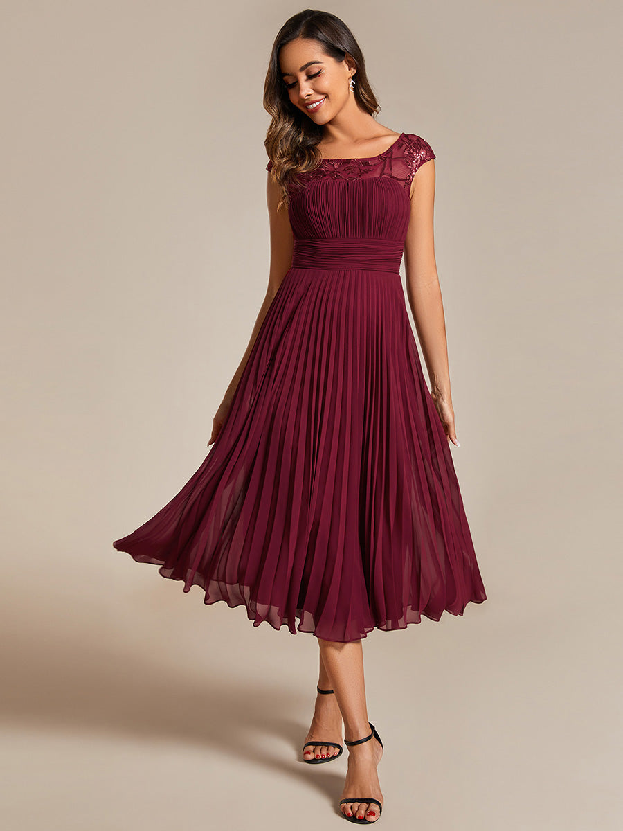 Color=Burgundy | Embroidery Round Neck Tea Length Wedding Guest Dress With Raglan Sleeves-Burgundy 1