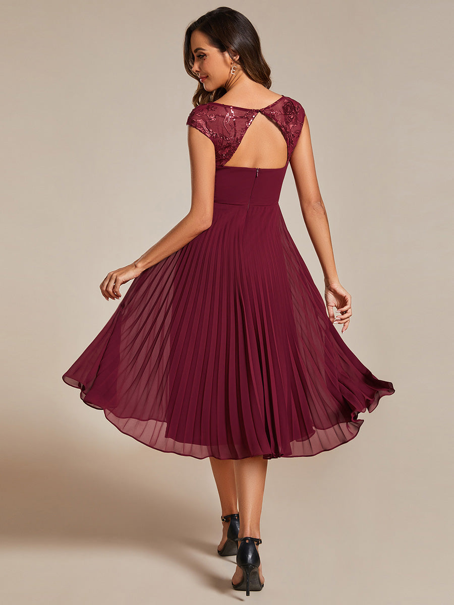 Color=Burgundy | Embroidery Round Neck Tea Length Wedding Guest Dress With Raglan Sleeves-Burgundy 2