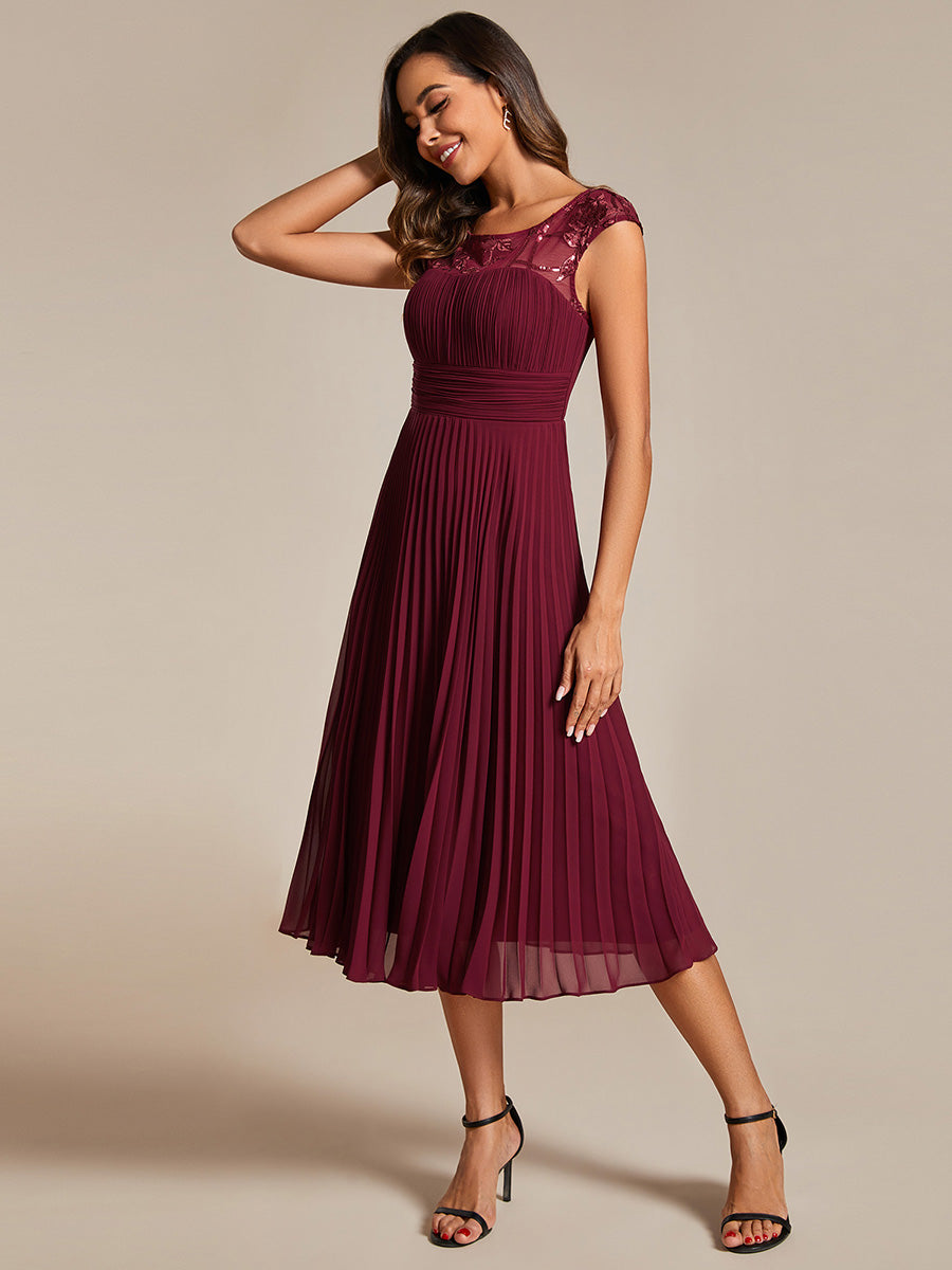 Color=Burgundy | Embroidery Round Neck Tea Length Wedding Guest Dress With Raglan Sleeves-Burgundy 4