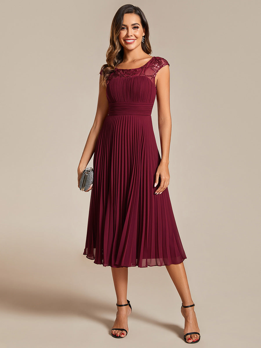 Color=Burgundy | Embroidery Round Neck Tea Length Wedding Guest Dress With Raglan Sleeves-Burgundy 3