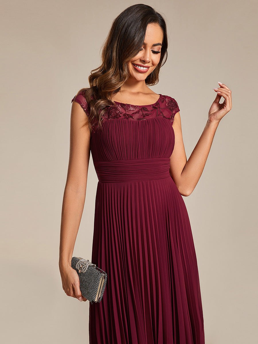 Color=Burgundy | Embroidery Round Neck Tea Length Wedding Guest Dress With Raglan Sleeves-Burgundy 5