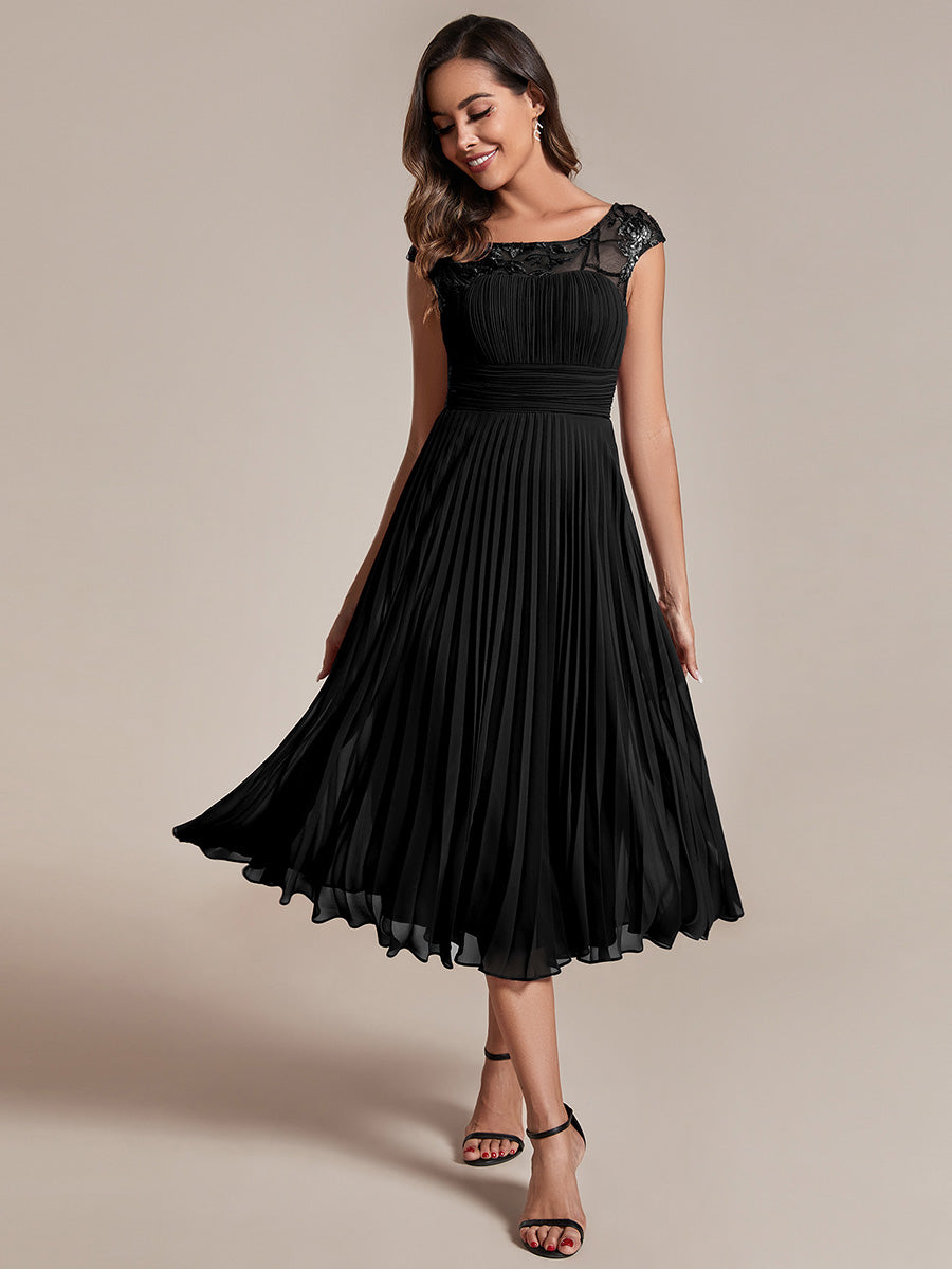 Color=Black | Embroidery Round Neck Tea Length Wedding Guest Dress With Raglan Sleeves-Black 12