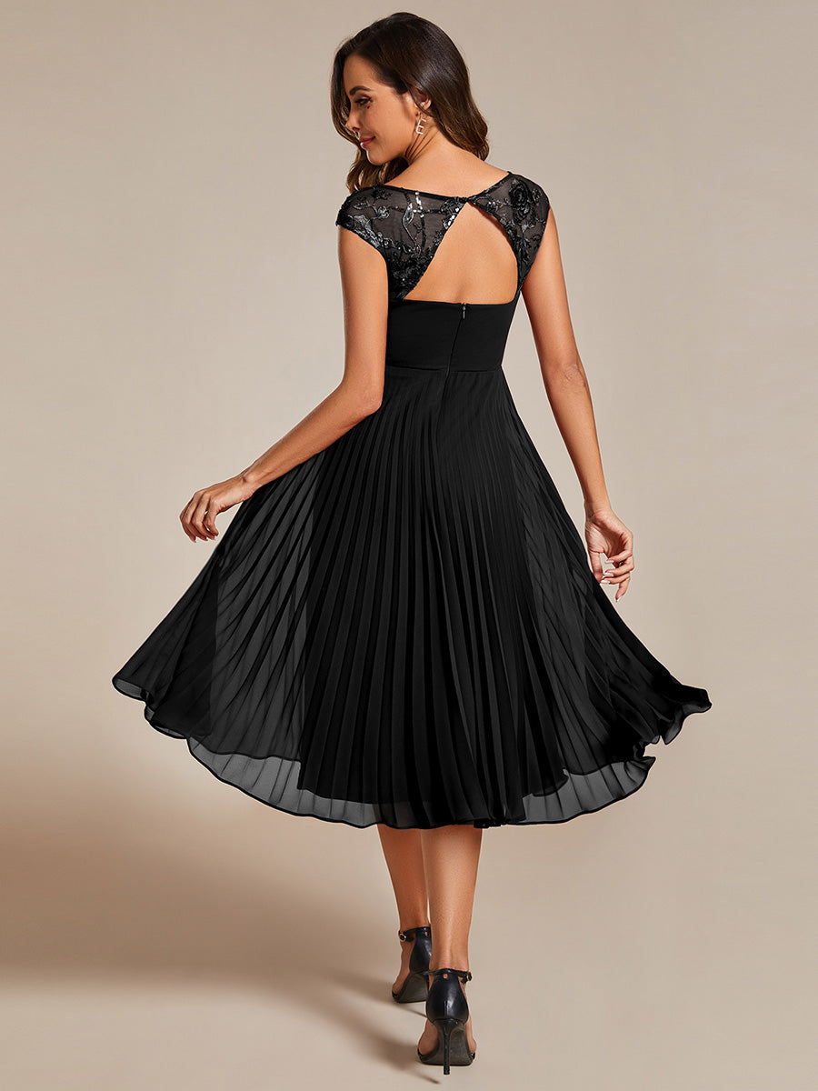 Color=Black | Embroidery Round Neck Tea Length Wedding Guest Dress With Raglan Sleeves-Black 11