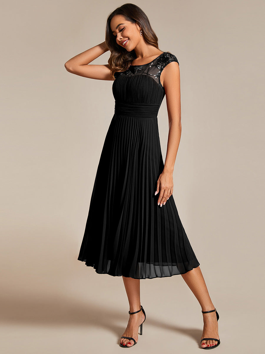 Color=Black | Embroidery Round Neck Tea Length Wedding Guest Dress With Raglan Sleeves-Black 10