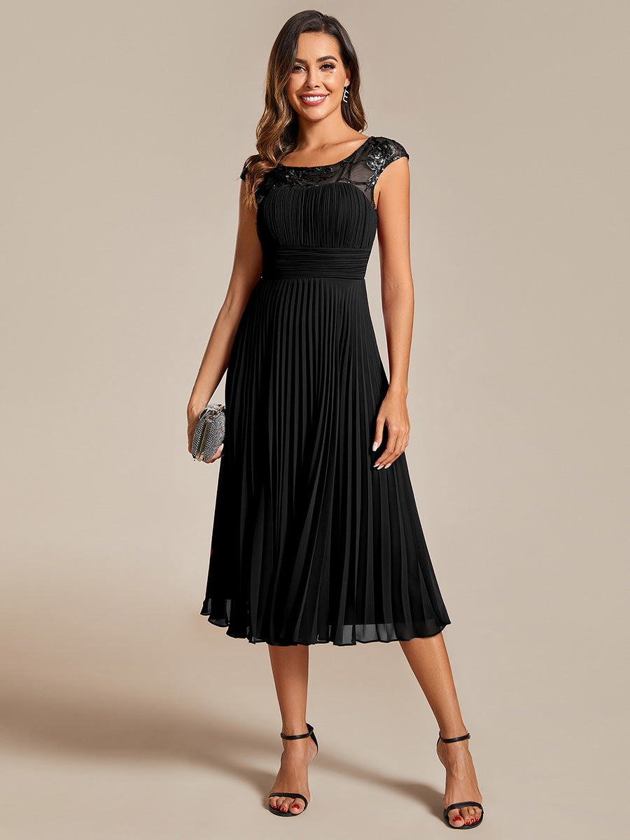 Color=Black | Embroidery Round Neck Tea Length Wedding Guest Dress With Raglan Sleeves-Black 8