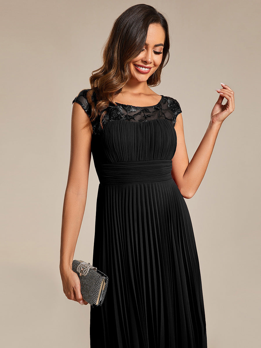 Color=Black | Embroidery Round Neck Tea Length Wedding Guest Dress With Raglan Sleeves-Black 9