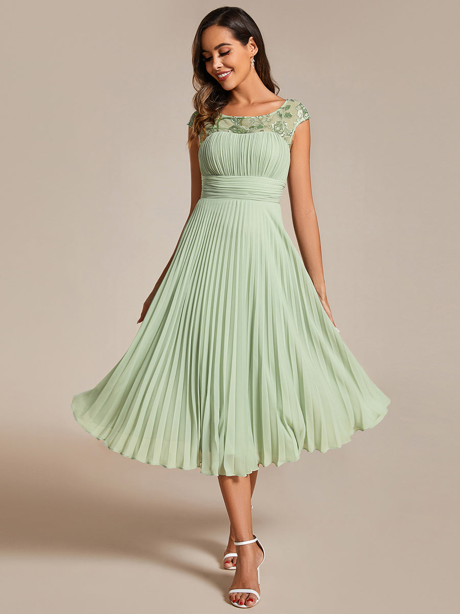 Color=Mint Green | Embroidery Round Neck Tea Length Wedding Guest Dress With Raglan Sleeves-Mint Green 