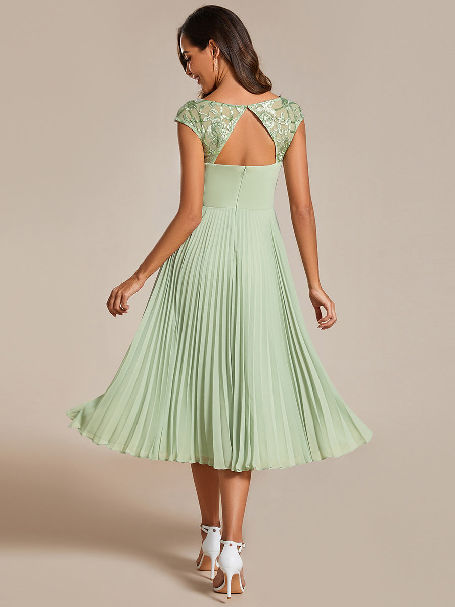 Color=Mint Green | Embroidery Round Neck Tea Length Wedding Guest Dress With Raglan Sleeves-Mint Green 