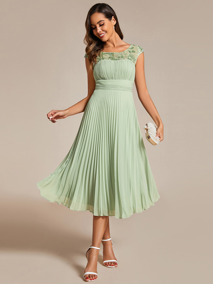 Color=Mint Green | Embroidery Round Neck Tea Length Wedding Guest Dress With Raglan Sleeves-Mint Green 