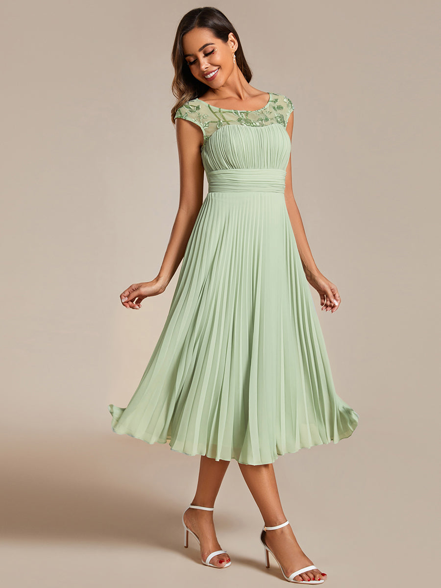 Color=Mint Green | Embroidery Round Neck Tea Length Wedding Guest Dress With Raglan Sleeves-Mint Green 15