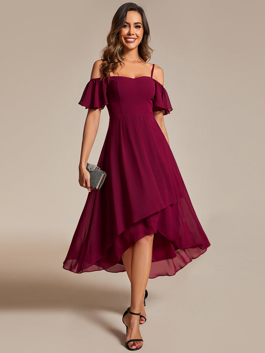 Color=Burgundy | Chiffon Spaghetti Strap Cold Shoulder Tea Length Wedding Guest Dress-Burgundy 5