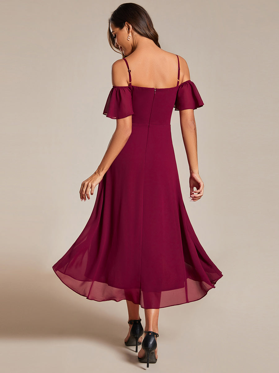 Color=Burgundy | Chiffon Spaghetti Strap Cold Shoulder Tea Length Wedding Guest Dress-Burgundy 3